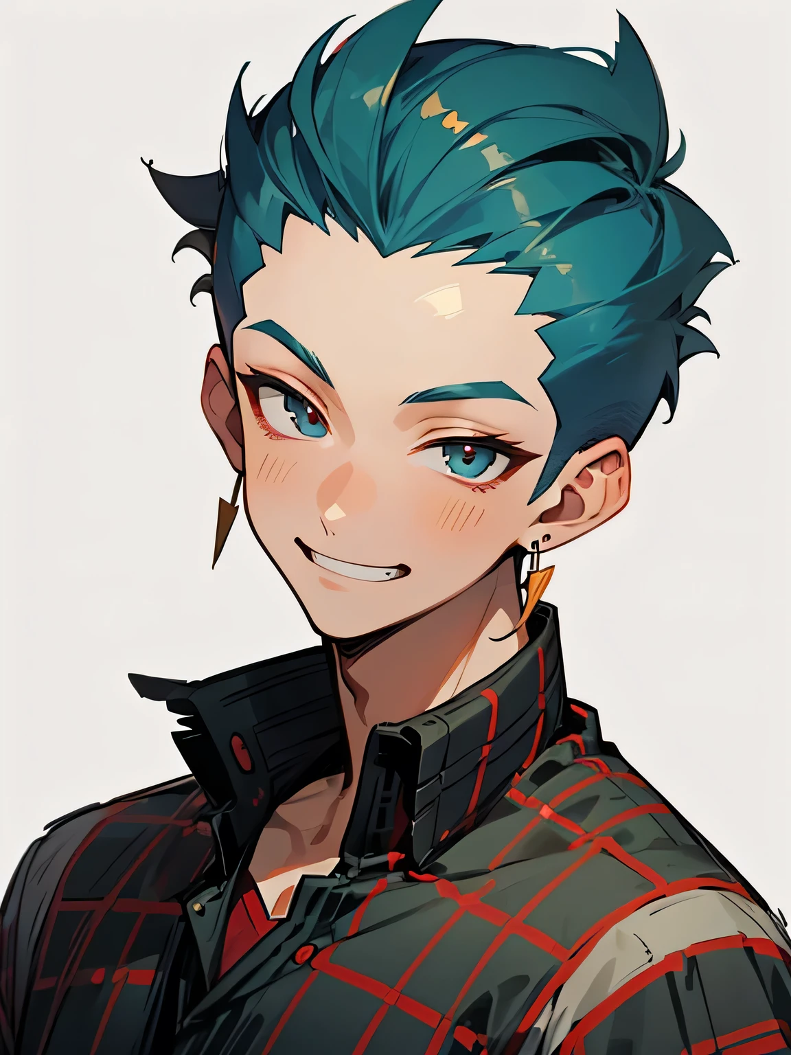 solo,looking at viewer,1boy,orange soft Mohawk haircut ,buzz cut,no bangs,big forehead,male's eyes, male's nose, male's mouth,handsome face, manly, grin,plaids pattern clothe,(model pose),white simple background、mens earrings