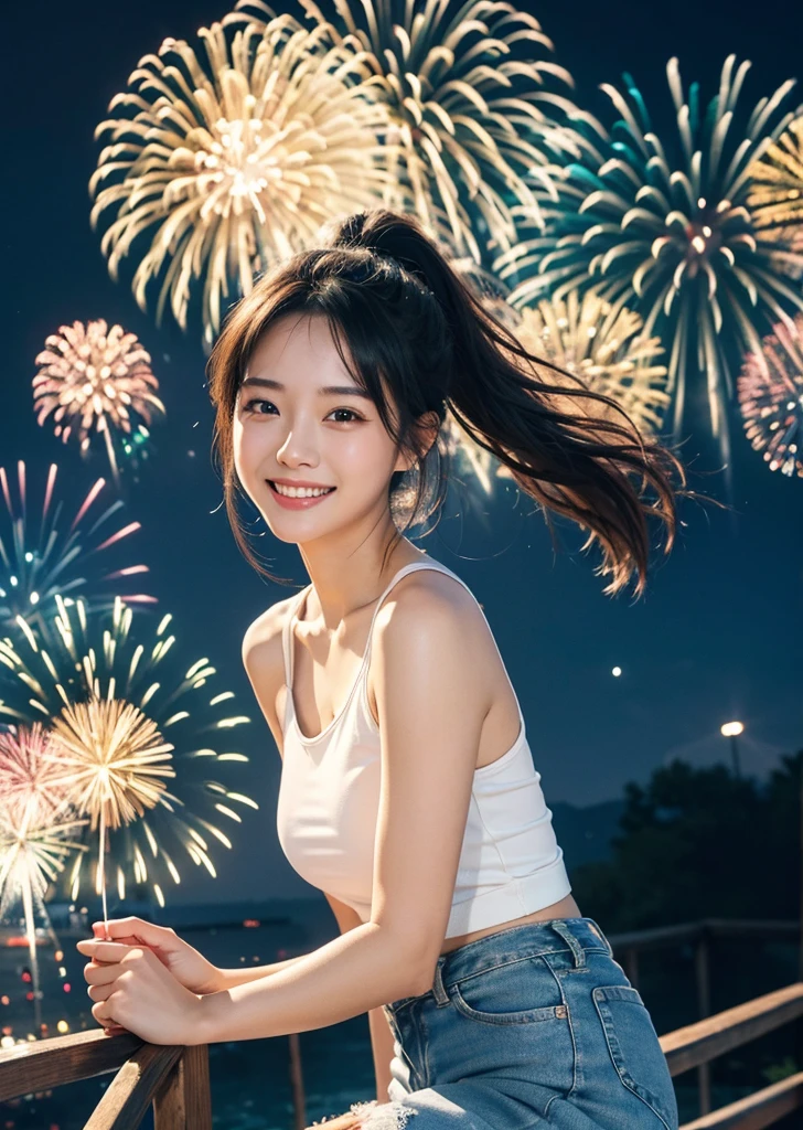 Diffuse lighting、 Highest quality, High resolution, unity 8k wallpaper、Supersaturation, Colorful, 8K resolution, 1 female、Japanese、23 years old、Close-up portrait、Adorable, smile、looks fun、 Colorful fireworks burst into the sky、White tank top、Mini length denim hot pants、ponytail、Lively、 The atmosphere was cheerful,  Aerial fireworks、looks fun、Japanese Festivals, Best Quality, Depth of written boundary, Detailed Background, Beautiful cheeks, Sparkling Eyes, And the starry sky at night,
