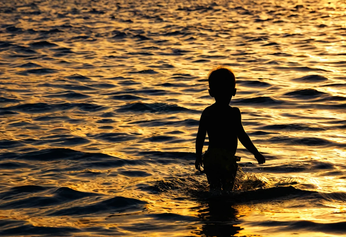 Sea，Sunset，Water surface gold，Sea surface，raw，Silhouette，uhd，Child