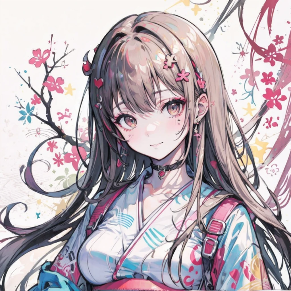 (Highest quality,masterpiece:1.2,Intricate details:1.2),Beautiful Face,ukiyoe,One girl,Girl in patterned kimono,View the viewer:1.3,Face Tattoos:1.2,Detailed Hair,Fluid brushwork,traditional japanese art, Vibrant colors, Golden Belt, Delicate cherry, Calm expression, Traditional makeup, Peaceful Background, Soft lighting、smile