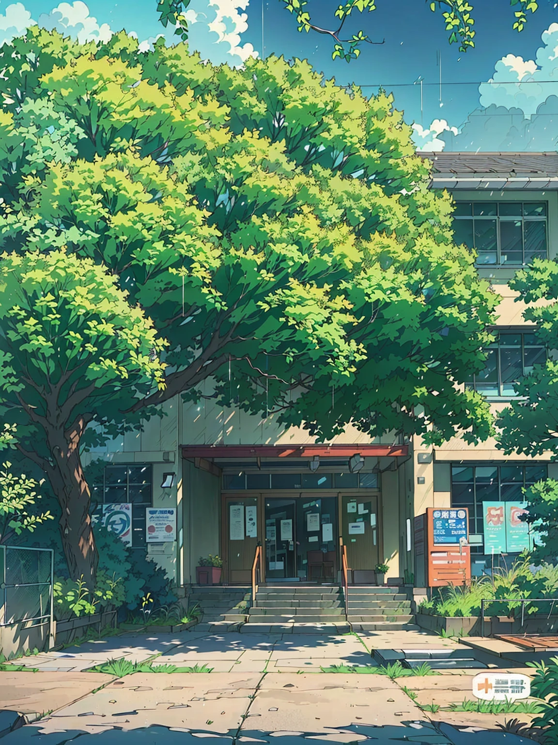 Anime scene：A school building，There is a tree in front, Anime Background Art, studio glibly Shinkai Makoto, style of Shinkai Makoto, Anime Landscape, ( ( Shinkai Makoto ) ), in style of Shinkai Makoto, 东京Anime scene, Shinkai Makoto. — 2160 hours, beautiful Anime Landscape