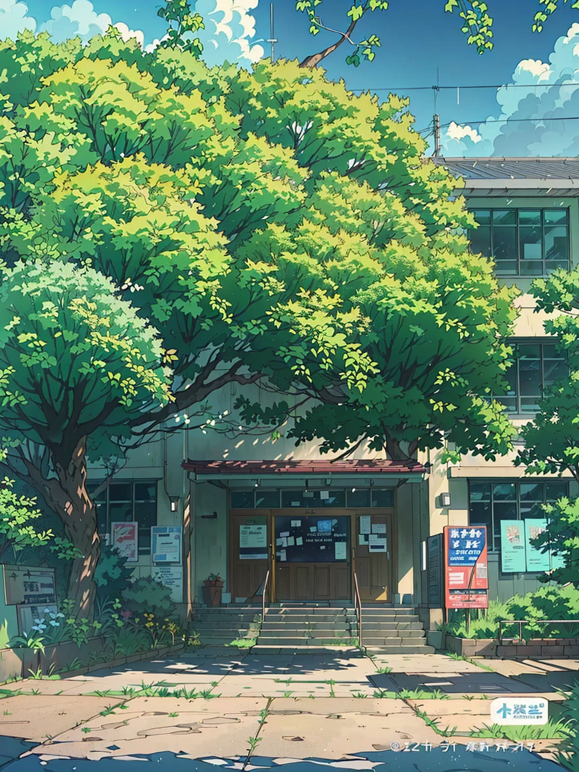 Anime scene:A school building,There is a tree in front, Anime Background Art, studio glibly Shinkai Makoto, style of Shinkai Makoto, Anime Landscape, ( ( Shinkai Makoto ) ), in style of Shinkai Makoto, 东京Anime scene, Shinkai Makoto. — 2160 hours, beautiful Anime Landscape