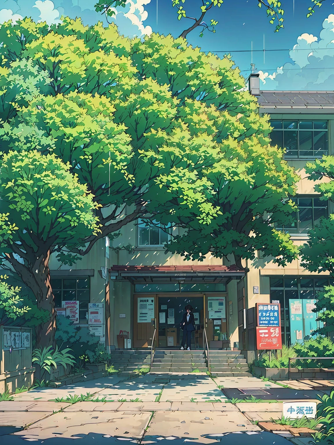 Anime scene:A school building,There is a tree in front, Anime Background Art, studio glibly Shinkai Makoto, style of Shinkai Makoto, Anime Landscape, ( ( Shinkai Makoto ) ), in style of Shinkai Makoto, 东京Anime scene, Shinkai Makoto. — 2160 hours, beautiful Anime Landscape