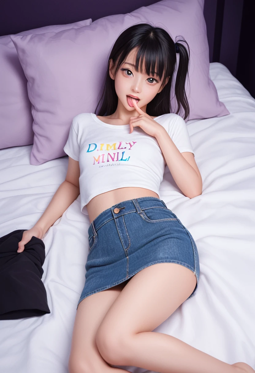 pastel colors colors t-shirt,off-shoulder look,bare shoulder,ollarbone,midriff peek,Tight denim mini skirt,(open mouth:1.5),(tongue out:2),lying,finger to chin,One hand between your legs,overhead shot,front view,face focus,(1girl,Beautiful  girl),((Slender,Small breasts,Small face,)),(looking at viewer),Black Hair,bangs,one side up,Beautiful and detailed,(Dimly lit room:1.5),White bed,pillow,Mischievous smile
