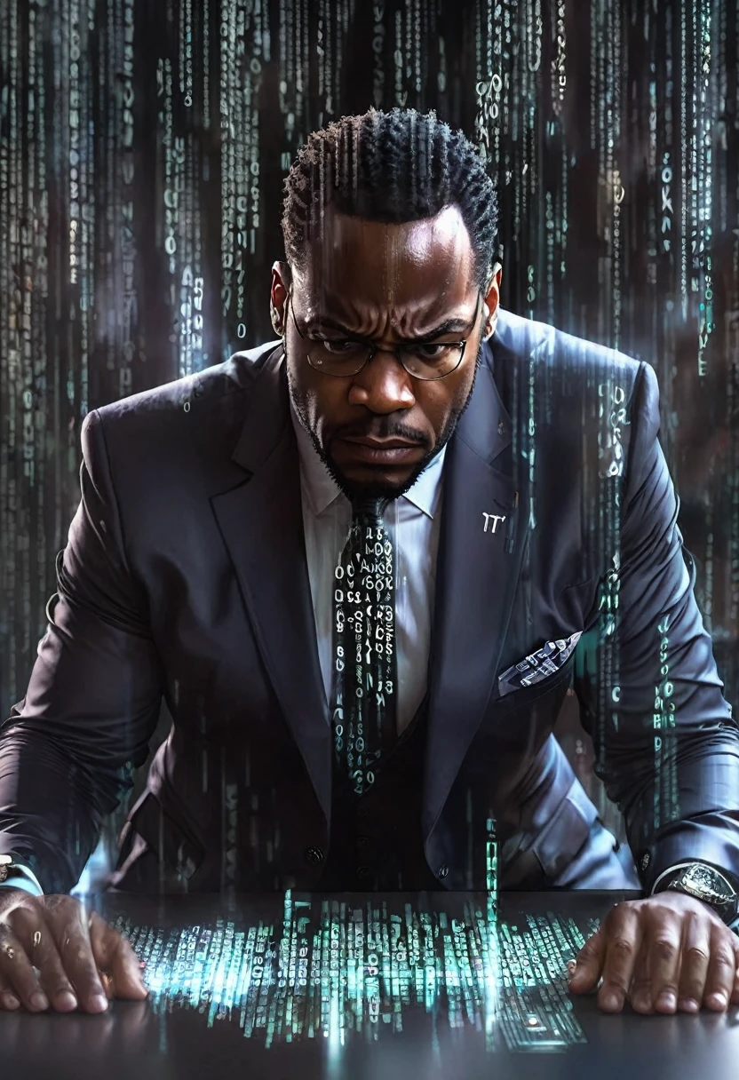 Scared black man in a suit sitting in his luxurious office staring at his phone, framed hologram phone messages floating around him, the messages with words "0 balance" can be seen by the viewer, 32k, ultra HD, unreal engine rendered, cinematic lighting
