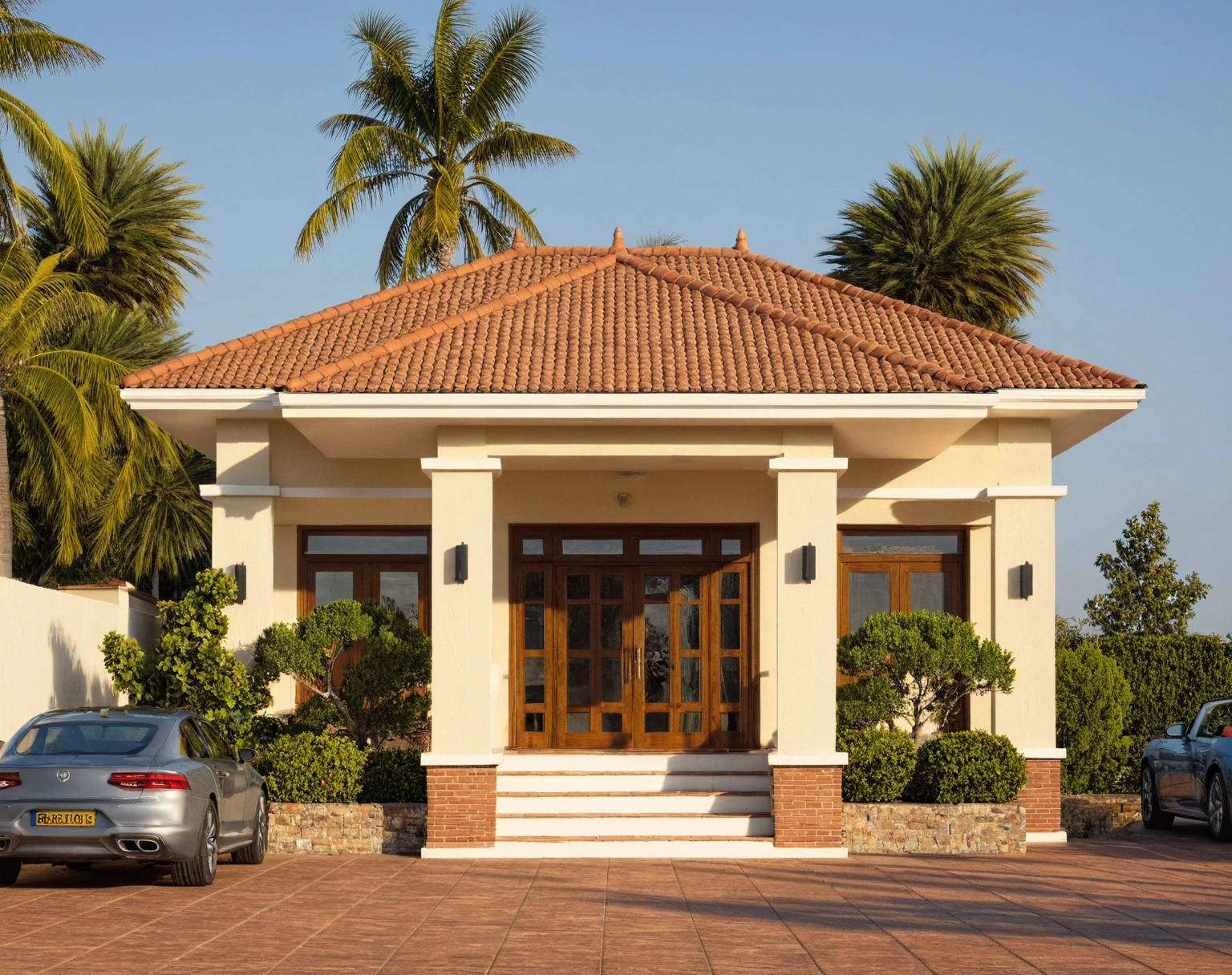 head of'artwork, High quality, best quality, authentique, Realistic scene, great detail, En plein air, house on the street ,white wall, window, portail en acier, road, pavement, grass, trees, sky, nuvens, car (day light:1.1)