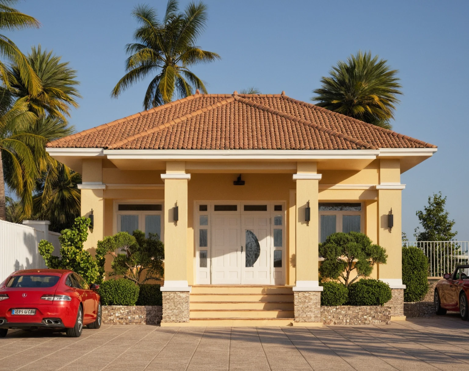 head of'artwork, High quality, best quality, authentique, Realistic scene, great detail, En plein air, house on the street ,white wall, window, portail en acier, road, pavement, grass, trees, sky, nuvens, car (day light:1.1)