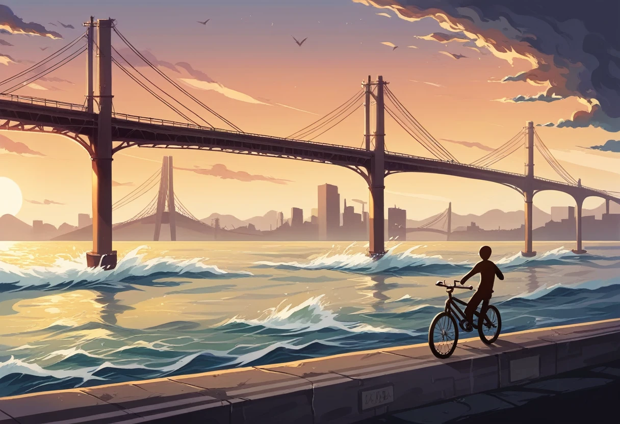 Sea surface,Cable-stayed bridge,Vision,Sunset,cloudy,Water surface gold,one person,Cycling on the bridge,Silhouette,RAW,uhd,8K,Detailed Details,Best quality,Perfect color matching,Sense of atmosphere,Masterpieces shot by international photography masters,National Geographic Photography Award Winners