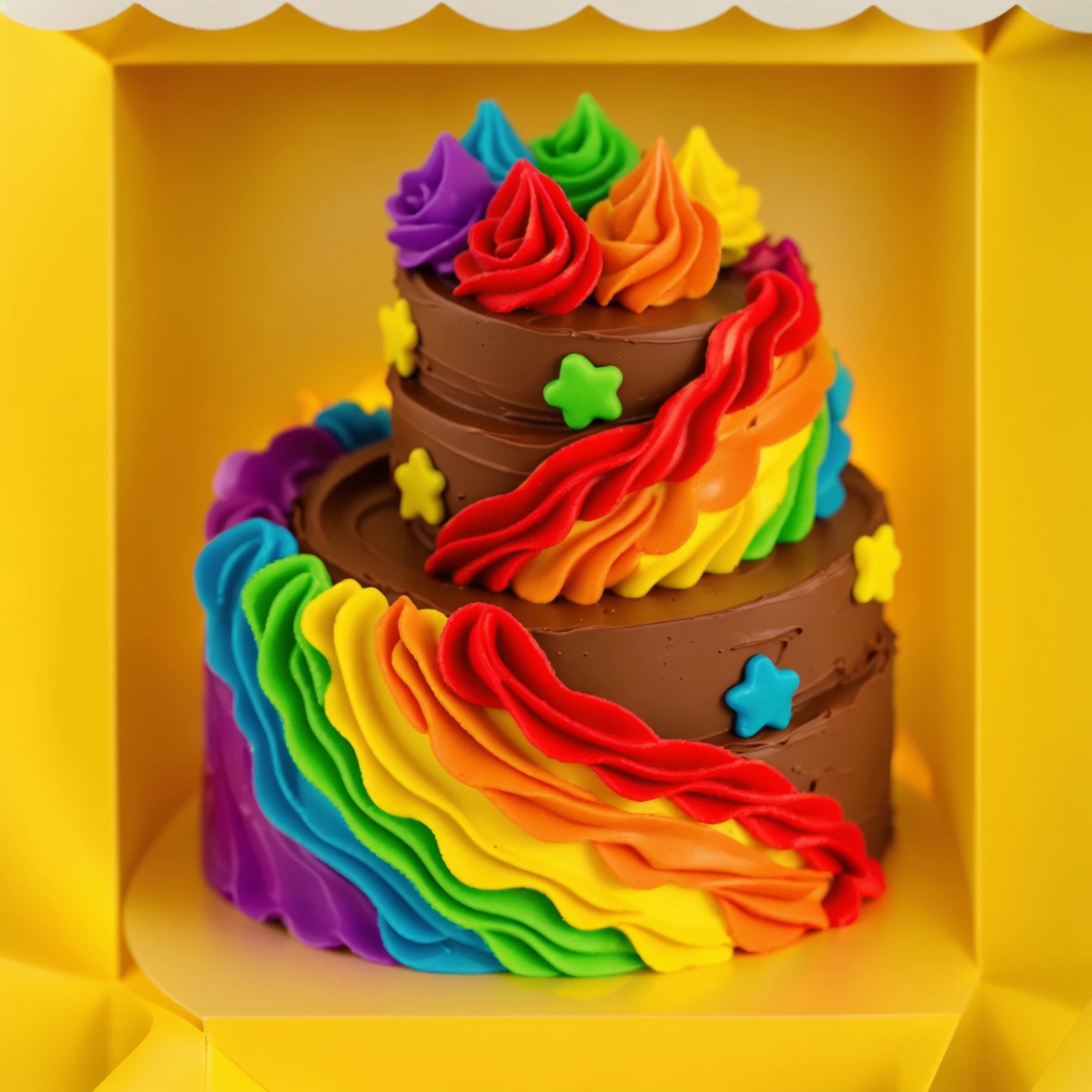 in a yellow plastic box. there is a two-story chocolate cake in the box ((chocolate cream texture, strokes of a pastry spatula)), rainbow cream in stitches, decorated with rainbow stars made of polymer clay, multi-colored cream on top ((cream highlights)), Beautiful light from the window, contour light, Multiple light sources, beautiful lighting, Bright light source, bright lighting, beautiful light sources, Multiple light sources, Realistic style , realistic texture, detailed texture, A high resolution, high quality, realistic photo, ultra hd 4k,