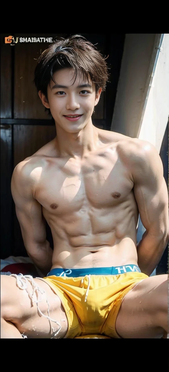 Japanese 18 year old swimmer, white swimming trunks wet, smiling