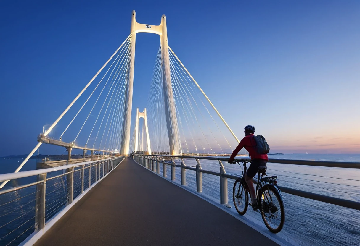 (best quality, 4K, masterpiece :1.3), seaside、Cable-stayed bridge、Glow、Man riding a bicycle