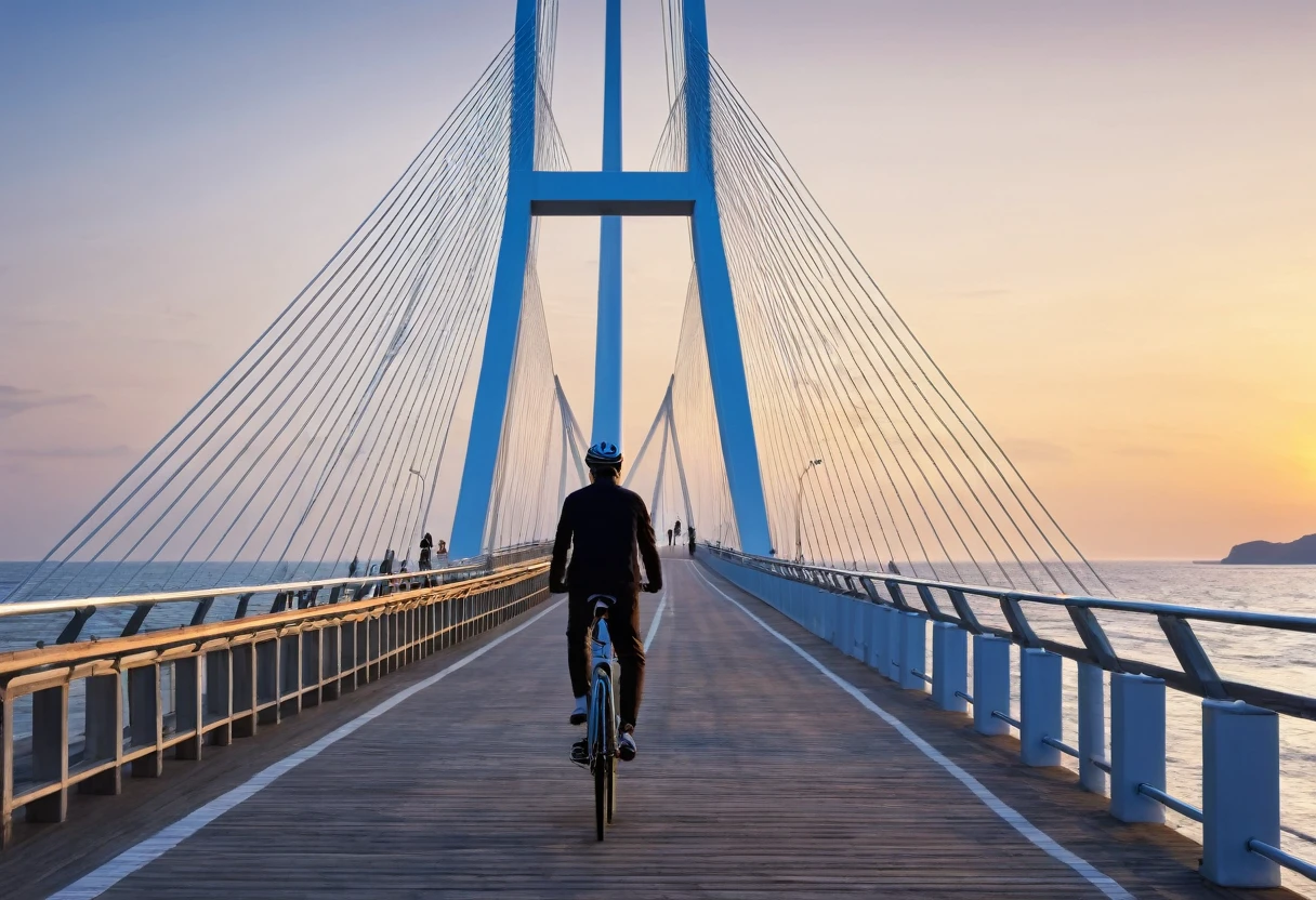 (best quality, 4K, masterpiece :1.3), seaside、Cable-stayed bridge、Glow、Man riding a bicycle