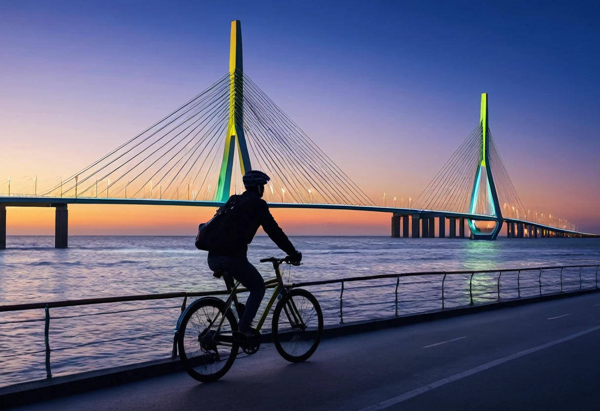 (best quality, 4K, masterpiece :1.3), seaside、Cable-stayed bridge、Glow、Man riding a bicycle