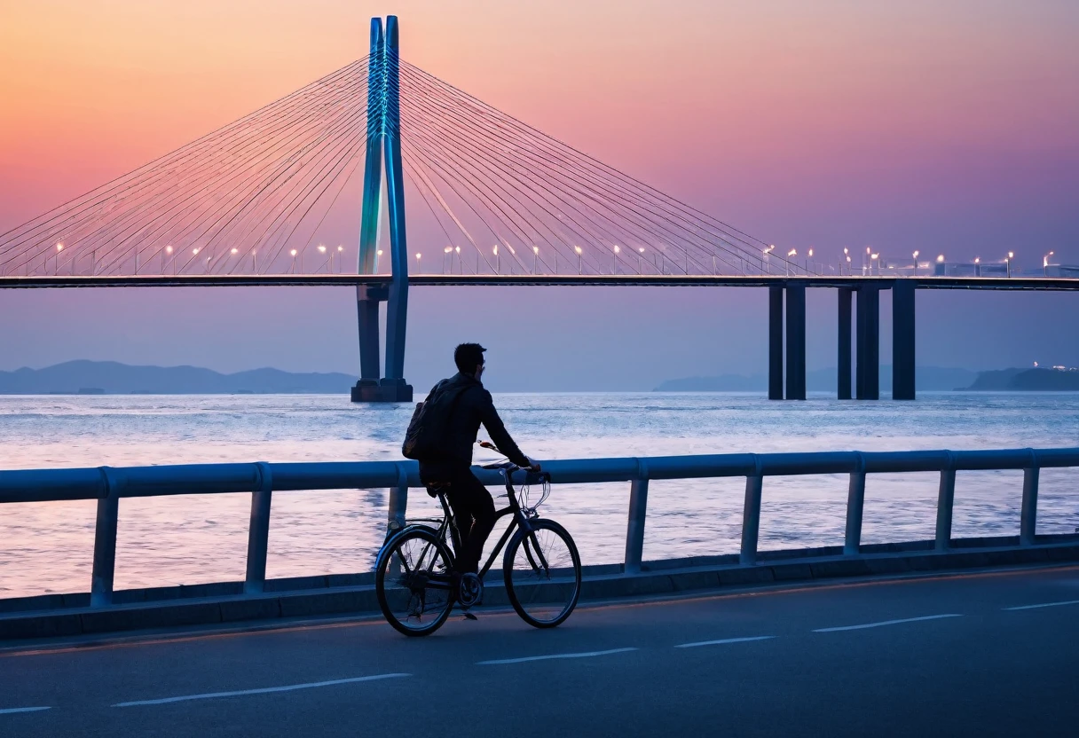 (best quality, 4K, masterpiece :1.3), seaside、Cable-stayed bridge、Glow、Man riding a bicycle