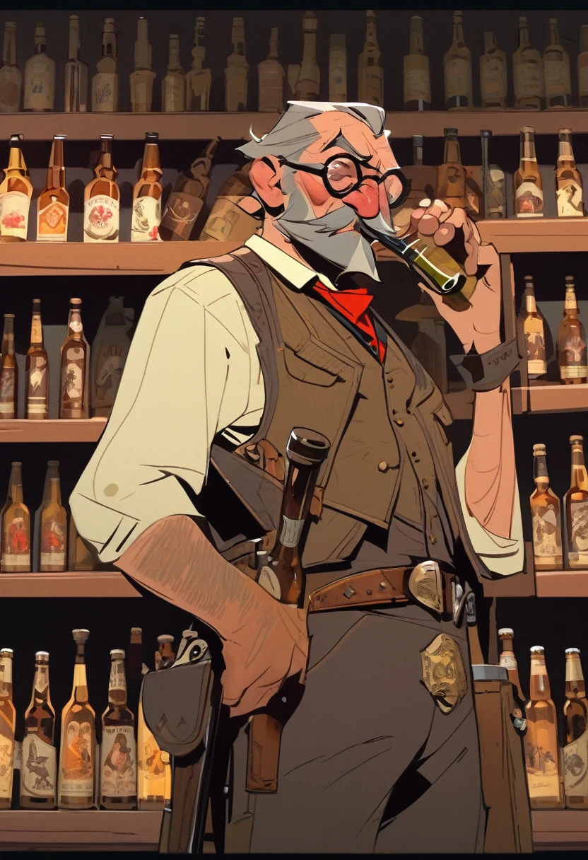 score_9, score_8_up, score_7_up, score_6_up, score_5_up, score_4_up, 1man, Western, far away, Wild West, red dead Redemption, cartoon art style, Bartender, Beer, Whiskey, Liquor Shelf, Huge Mustache, Period Clothing, Old, slight, Skinny, Proboscis, big nose, tiny glasses, Grizzled, elderly, cleaning a mug of beer, Shotgun on the counter, Gray hair, semi-bald
