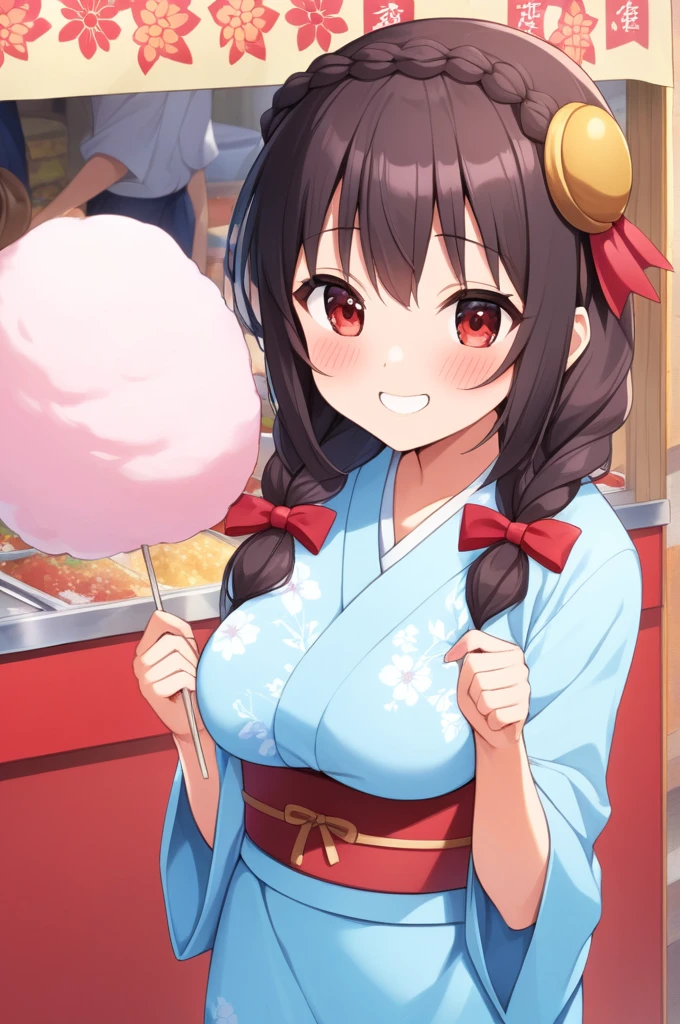 alone, One girl、Crown braids in the same color as your hair, hair ornaments, Hair Ribbon,(A light blue kimono with a red floral pattern and a red obi.)、Red Eyes、Black Hair、(blush:1.5)、(Surprised face:1.4)、Larger breasts、(Licking cotton candy:1.2)、The background is a night stall