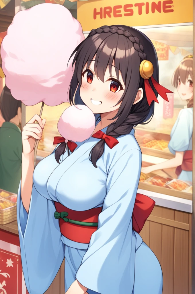 alone, One girl、Crown braids in the same color as your hair, hair ornaments, Hair Ribbon,(A light blue kimono with a red floral pattern and a red obi.)、Red Eyes、Black Hair、(blush:1.4)、(A happy smile:1.4)、Larger breasts、(eating cotton candy).The background is a festive food stall