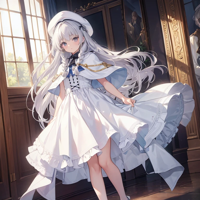 (Celia Claire(seireigennsouki)),((Masterpiece)), (Best quality), (High resolution), (Full body), 1 girl, white capelet, beret, , (long hair, silver hair),