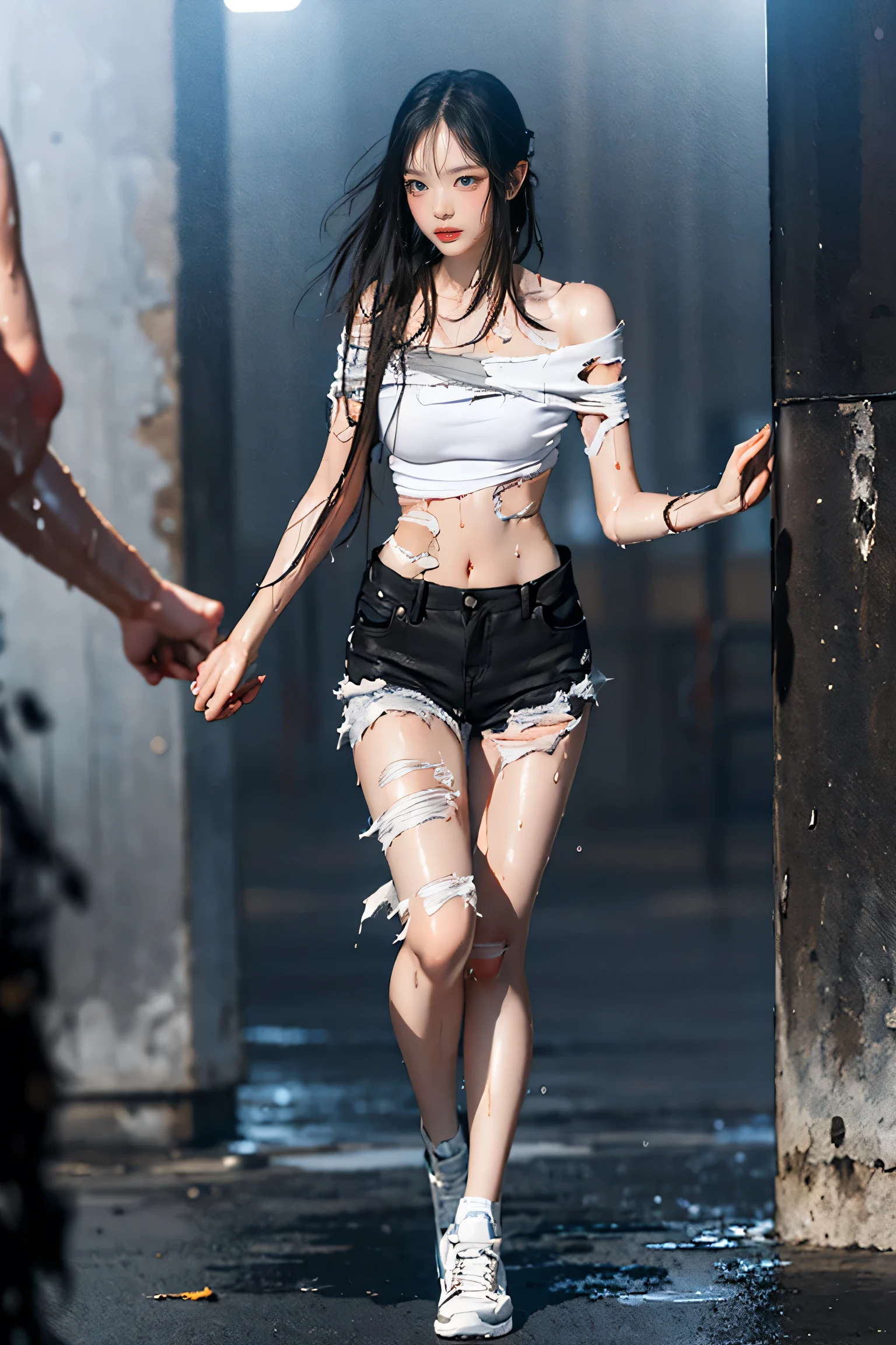 Best image quality, masterpiece, Ultra-high resolution, (Faithfulness:1.4), photograph, 1 Girl, White shirt, Ripped jeans, White sneakers, dim, darkness, despair, disappointing, poor, movie, tears, tears滴, (Torn clothes:1.5), (Wet clothes:1.4), Bare shoulders, Real Rain, Wet Hair,(((Tight waist))), ((Large Breasts)),