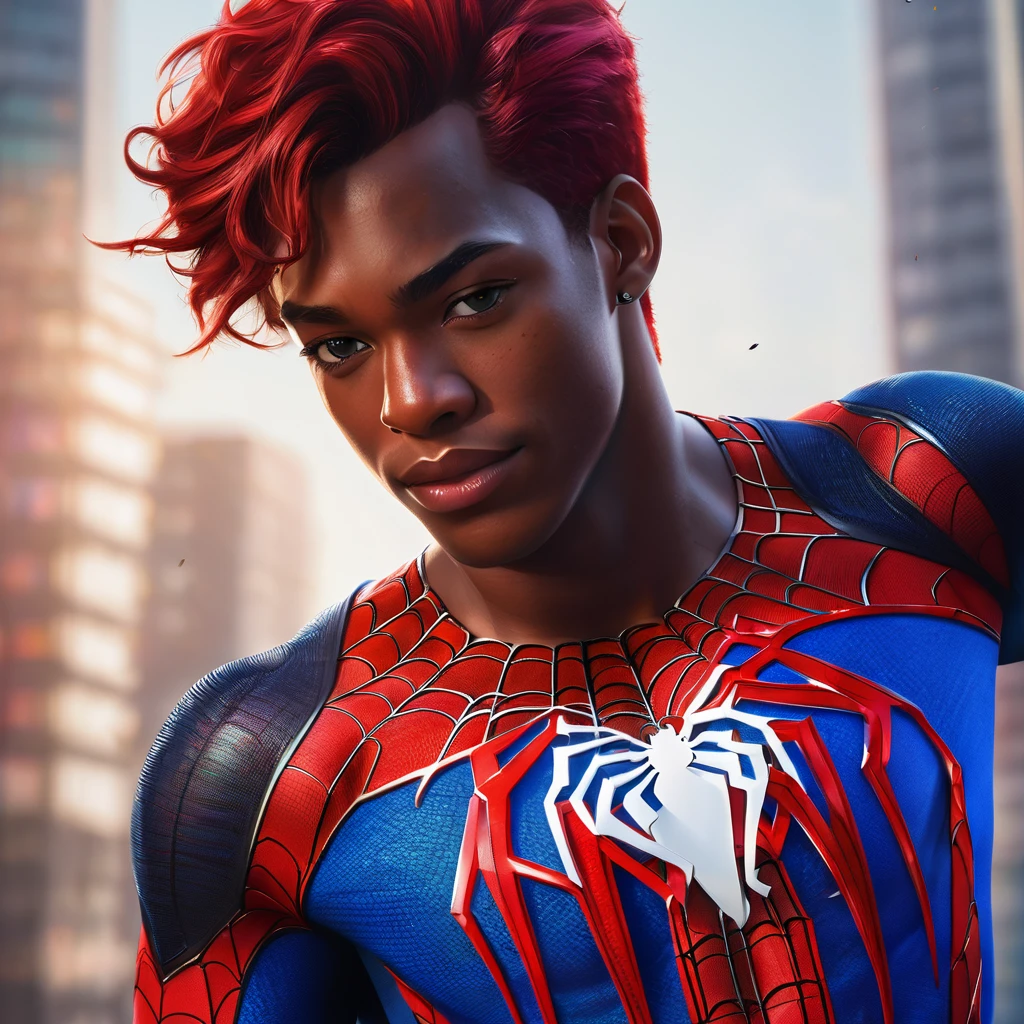 portrait, male focus, brown eyes, looking at viewer, spider man outfit,curly hair, brooklyn\(city\), black american, curly black hair 8k, detailed, , depth of field, cinematic lighting,