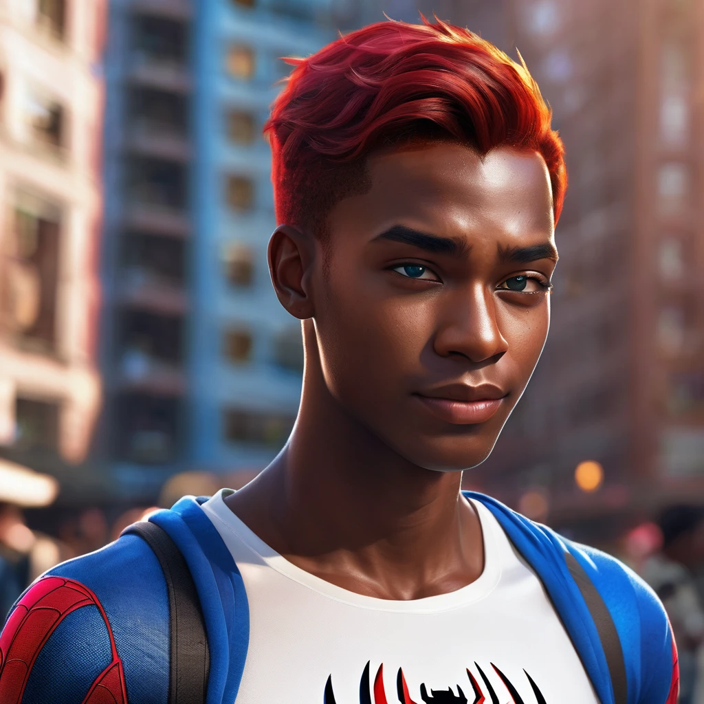 a red-haired boy, black-skinned, naughty man, angelical face, red hair, blue eyes, effeminate build, wearing short white top t-shirt with Spiderman face heart design, hugging Spiderman, realistic, detailed, highly detailed, photorealistic, 8k, masterpiece, vivid colors, cinematic lighting, dramatic shadows, fantasy, digital art, portrait gay