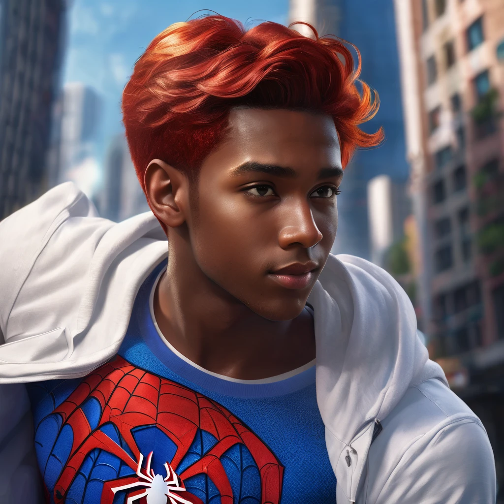 a red-haired boy, black-skinned, naughty man, angelical face, red hair, blue eyes, effeminate build, wearing short white top t-shirt with Spiderman face heart design, hugging Spiderman, realistic, detailed, highly detailed, photorealistic, 8k, masterpiece, vivid colors, cinematic lighting, dramatic shadows, fantasy, digital art, portrait gay