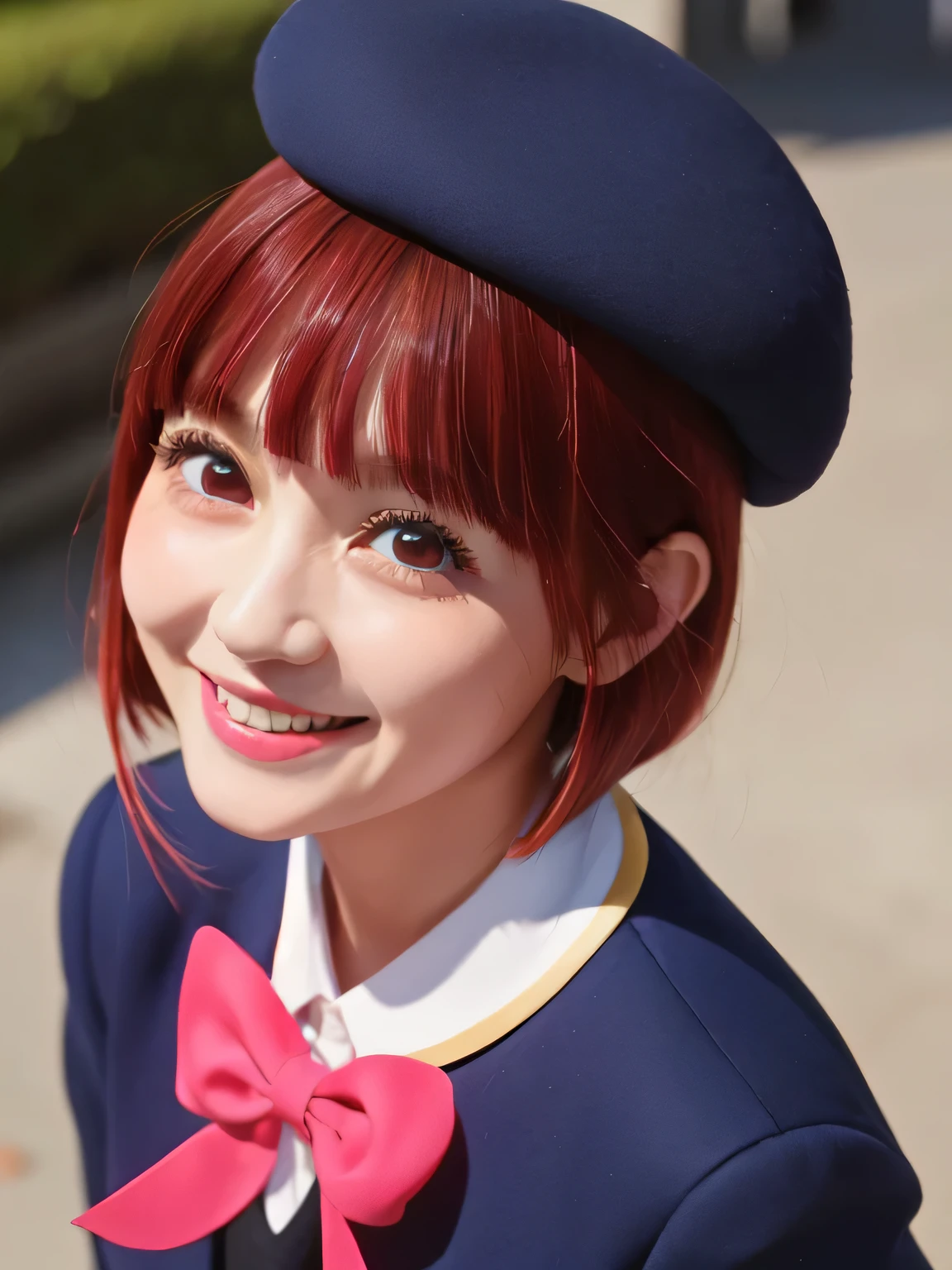 do、Very detailed、(One Girl:1.2)、Redhead、Red eyes、uniform、Navy Blue Blazer、Pink ribbon、Big eyes、Laughter、、short hair、beret、Shining Eyes、smile