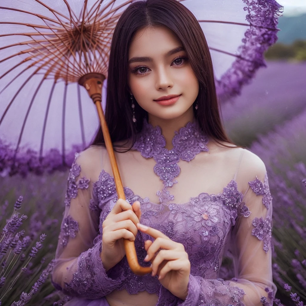 a solo girl model,with violet outfit an umberella,lavender savana