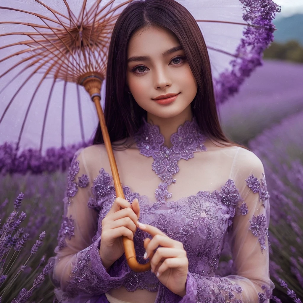 a solo girl model,with violet outfit an umberella,lavender savana