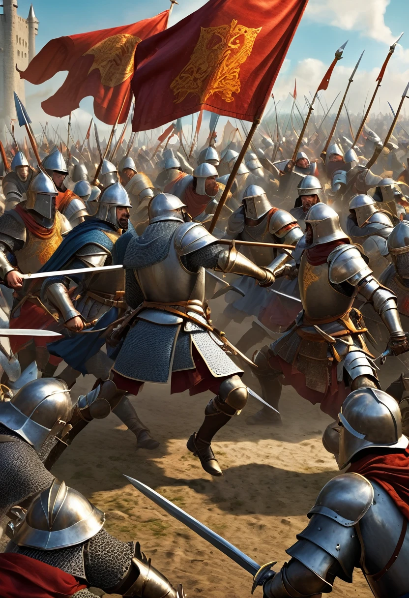 An epic fantasy book cover featuring medieval armies fighting each other