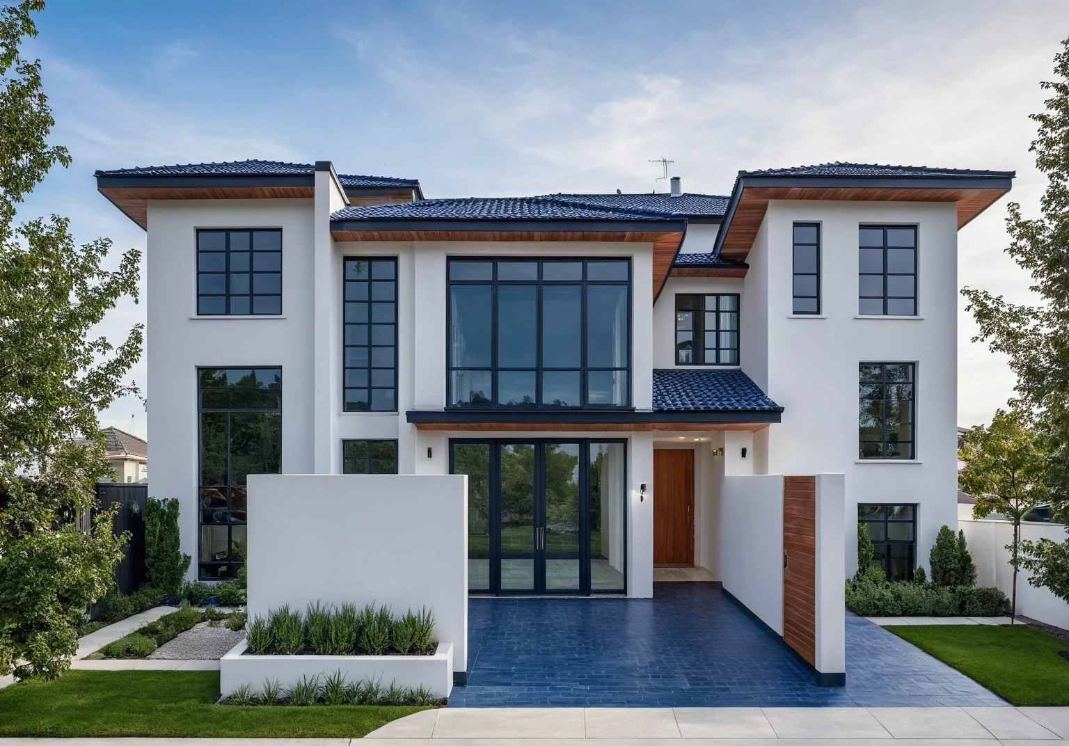 (masterpiece:1.2), best quality, photo of A two-story modern house with white walls and dark blue tiles on the roof., tree and plant, streetcapes, natural light, vivid color, The exterior of an elegant single family home features large windows, a dark gray door frame.