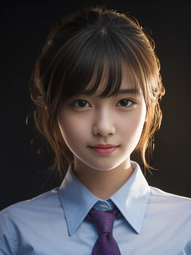 Highest quality, masterpiece, (Realistic:1.4), One girl, A light smile, Collared shirt, Dramatic lighting, From below