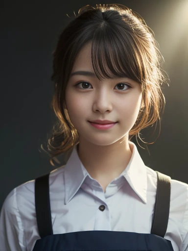 Highest quality, masterpiece, (Realistic:1.4), One girl, A light smile, Collared shirt, Dramatic lighting, From below
