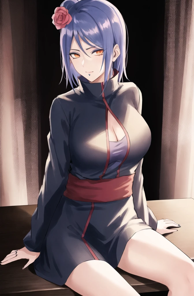 konan \(naruto\), solo, looking_at_viewer, 1girl, closed_mouth, akatsuki outfit, labret piercing, looking at the viewer, robe partially taken off, cleavage, (((sitting on the table inside dark room))), night time, busty, large breasts, akatsuki robe with red clouds