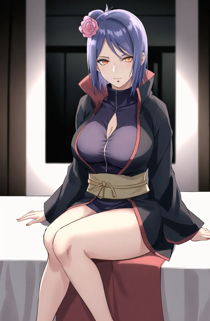 konan \(naruto\), solo, looking_at_viewer, 1girl, closed_mouth, akatsuki outfit, labret piercing, looking at the viewer, robe partially taken off, cleavage, (((sitting on the table inside dark room))), night time, busty, large breasts, akatsuki robe with red clouds