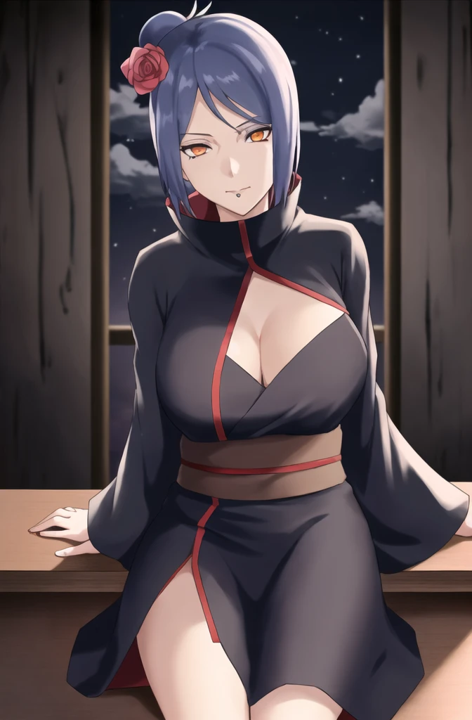 konan \(naruto\), solo, looking_at_viewer, 1girl, closed_mouth, akatsuki outfit, labret piercing, looking at the viewer, robe partially taken off, cleavage, (((sitting on the table inside dark room))), night time, busty, large breasts, akatsuki robe with red clouds