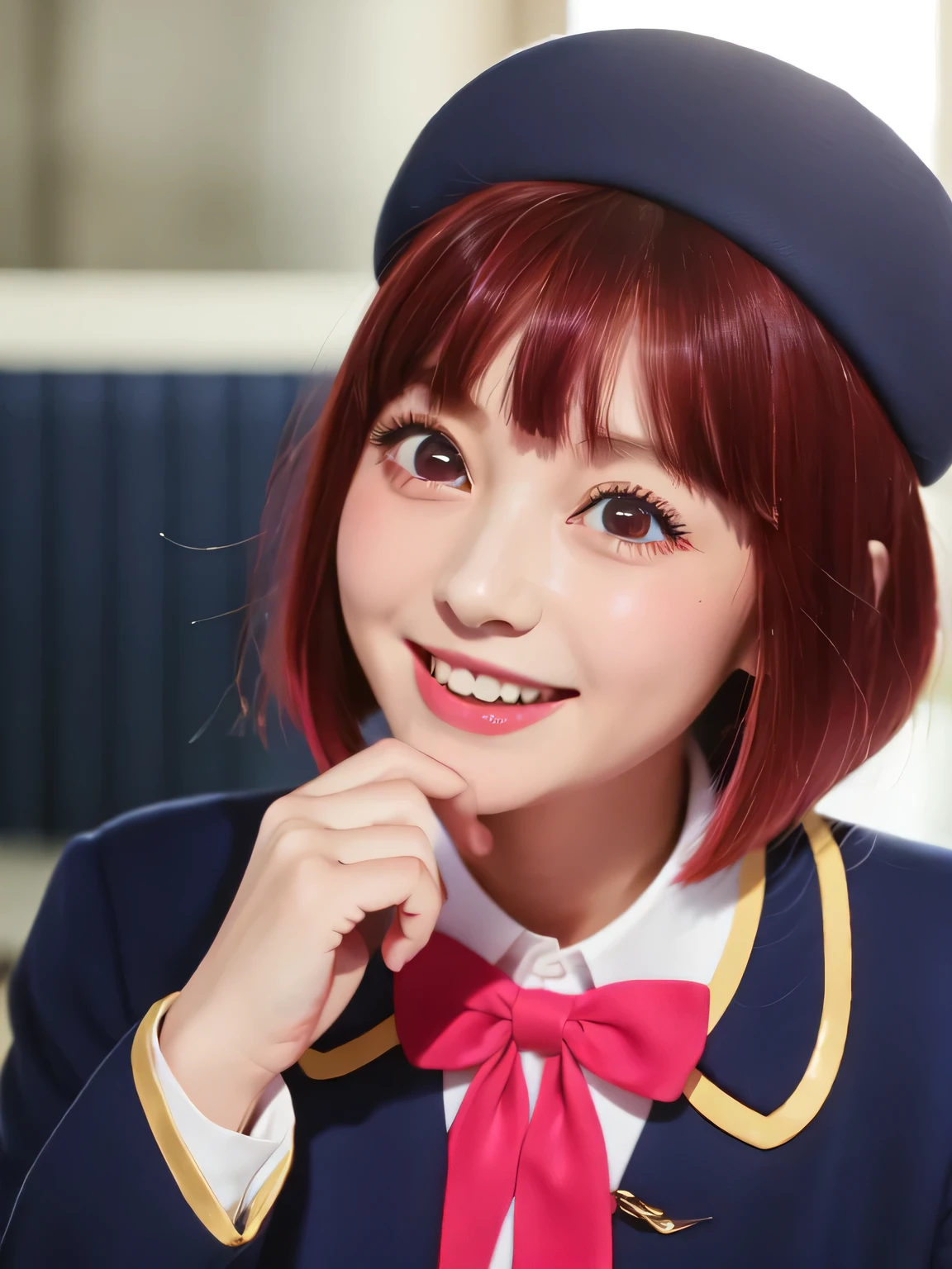 do、Very detailed、(One Girl:1.2)、Redhead、Red eyes、uniform、Navy Blue Blazer、Pink ribbon、Big eyes、Laughter、、short hair、beret、Shining Eyes、smile