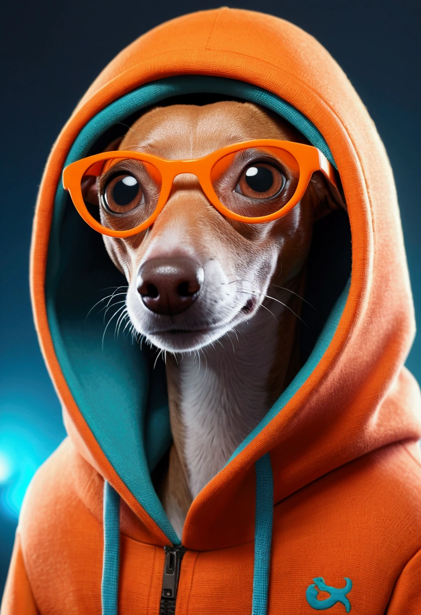 Adorable Italian Greyhound in Pixar style, Wearing a hood, Cinematic lighting, Depth Detection, Very detailed, 8K quality. Over a hundred on one hand，Upper body male, Better Quality, Human-like body shape), Wearing an orange hoodie and sunglasses、Looking at the viewer with a mobile phone in his hand, Fox, Avatar Image, in futuristic clothes, CG Settlement ),Something like that, Professional art, cgsociety - w 1 0 2 4 - n 8 - i,My name is Kan, 彼のMy name is Kanです