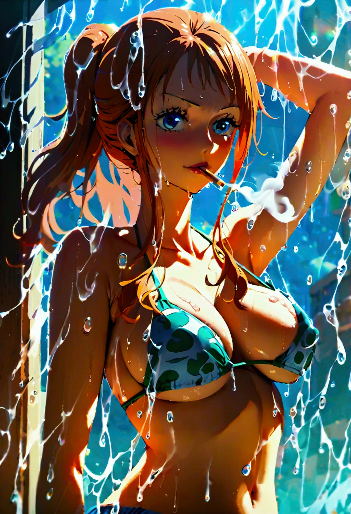 a cartoon picture of a woman in a bikini top and jeans, nami one piece, nami from one piece, nami, beautiful portrait of nami, from one piece, oppai, blue eyes, smoking, ponytail, nsfw