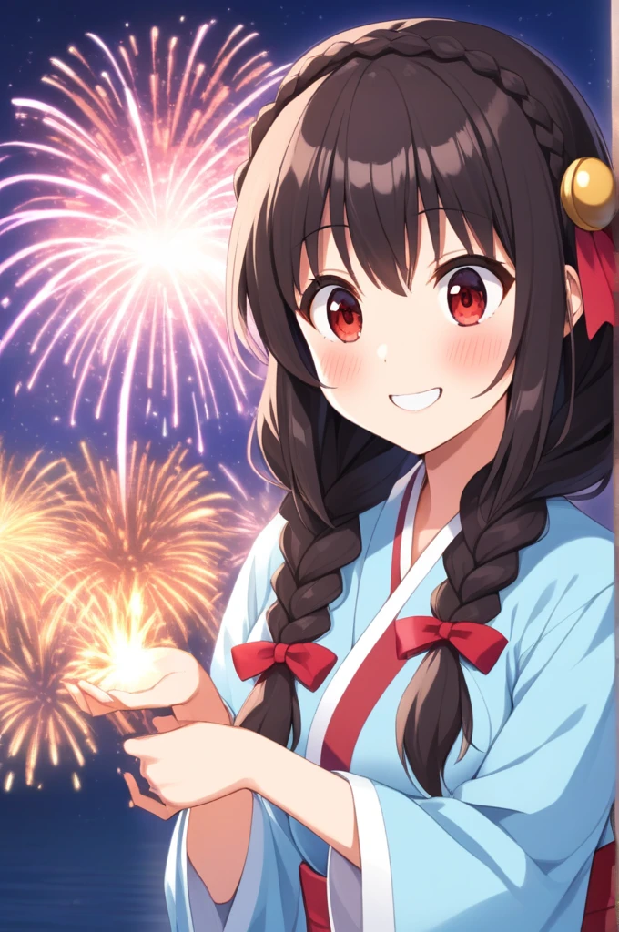 alone, One girl、Crown braids in the same color as your hair, hair ornaments, Hair Ribbon,(A light blue kimono with a red floral pattern and a red obi.)、Red Eyes、Black Hair、(blush:1.4)、(Surprised smile:1.6)、Larger breasts、(Watching the fireworks)