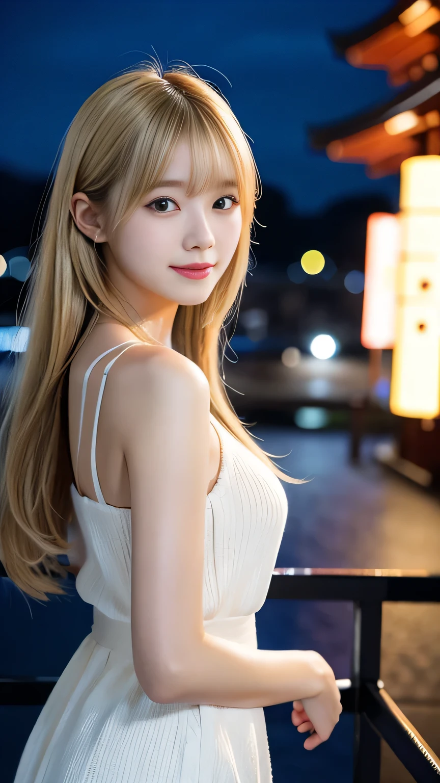 masterpiece、1 beautiful girl、Fine grain、Puffy eyes、Highest quality, 超High resolution, (reality: 1.4), Cinema Lighting、Japanese、Asian Beauty、Super Beauty、Beautiful Skin、thin、Body facing forward、(Surreal)、(High resolution)、(8K)、(Very detailed)、てFine grain)、(Super detailed)、 (wallpaper)、Detailed face、Bright lighting、Professional Lighting、View your audience、Look straight ahead、The costume is a white knitted dress、Long Hair, Blonde,My hair is messy, Asymmetrical bangs, 、Night view、Japan is an idol、Korean Idol、Burning idol pose、、19 years old、blonde: 3.5、smile、