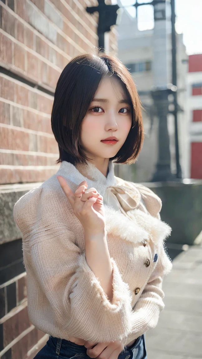 ((Highest quality,4K,High resolution,masterpiece:1.2)),((Character Concept Art)), 1 female, Improve her overall look. ((Exquisite detail)), ((Very finely crafted fingers)), ((Human finger length)), (((10 fingers))), (Standing still with confidence), (Full-body showcase), (Show your whole body), (Jacket), (denim), Scenery of the city, (Brown short hair), Big Breasts.