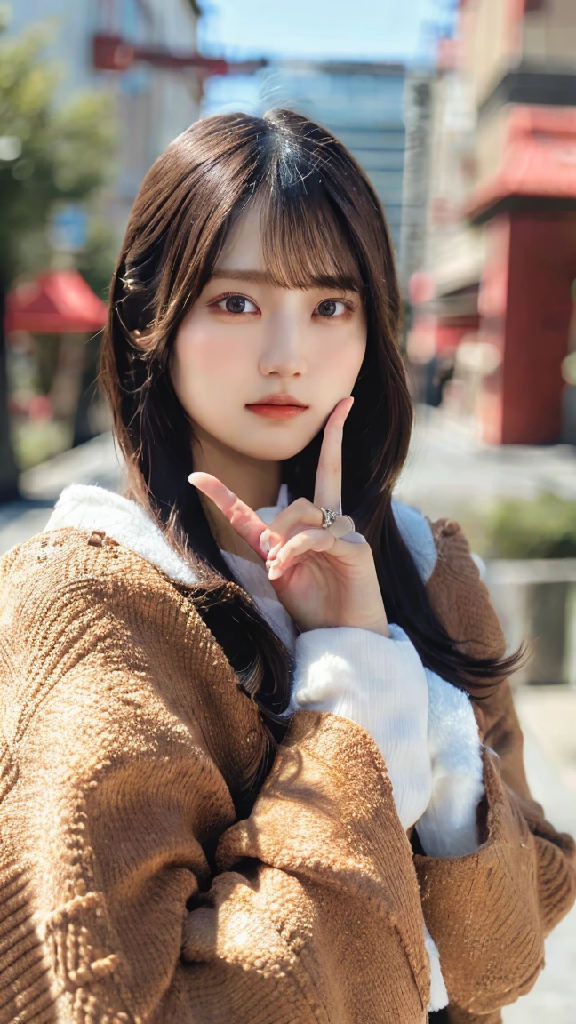 An amazing masterpiece,High resolution portrait of a beautiful detailed girl with long, Shiny brown hair and charming green eyes, Wear a comfortable sweater,A big smile blooms,Highlights her small and perfect breasts.