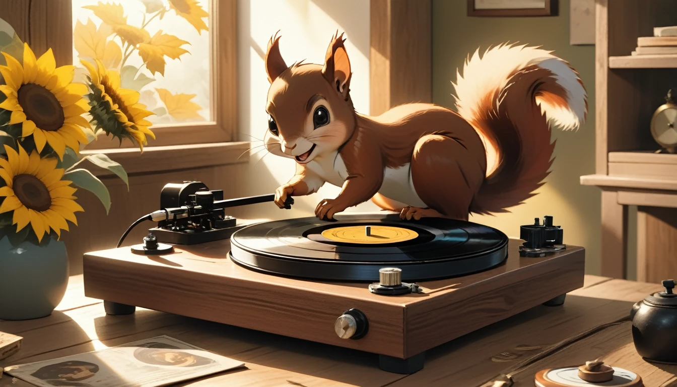 Create an image that features a cozy fall-themed atmosphere with a focus on a steaming cup of coffee with latte art on its surface. The cup is placed on a wooden table and beside coffee cup is a sunflower in a pot. And there is an antique record player with a spinning record, and beside antique record there is framed photo of a smiling squirrel. The warm lighting and rich colors suggest a peaceful and inviting atmosphere.
