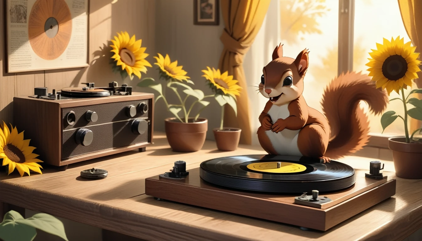 Create an image that features a cozy fall-themed atmosphere with a focus on a steaming cup of coffee with latte art on its surface. The cup is placed on a wooden table and beside coffee cup is a sunflower in a pot. And there is an antique record player with a spinning record, and beside antique record there is framed photo of a smiling squirrel. The warm lighting and rich colors suggest a peaceful and inviting atmosphere.