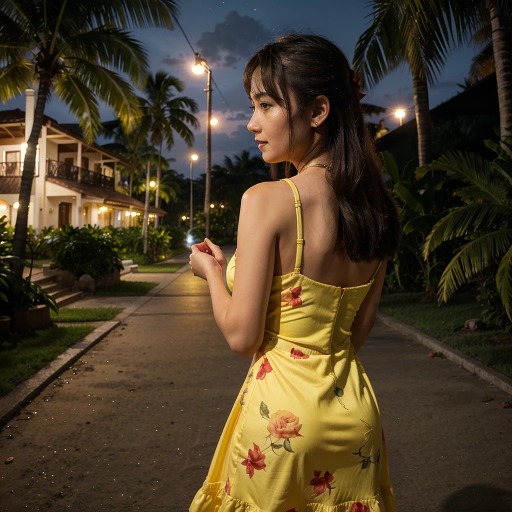 Wearing a yellow dress、A woman enjoying vacation at a tropical resort at night。With a red rose in my hand。