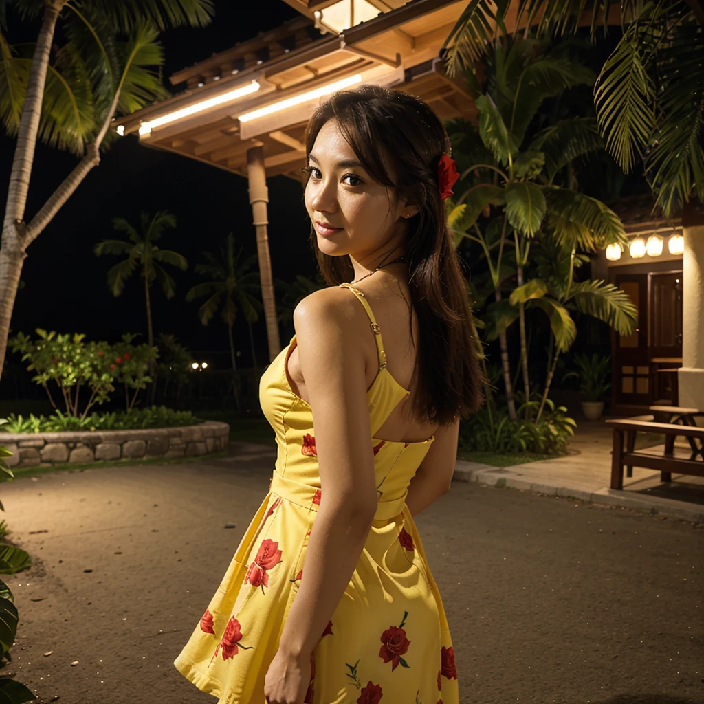 Wearing a yellow dress、A woman enjoying vacation at a tropical resort at night。With a red rose in my hand。
