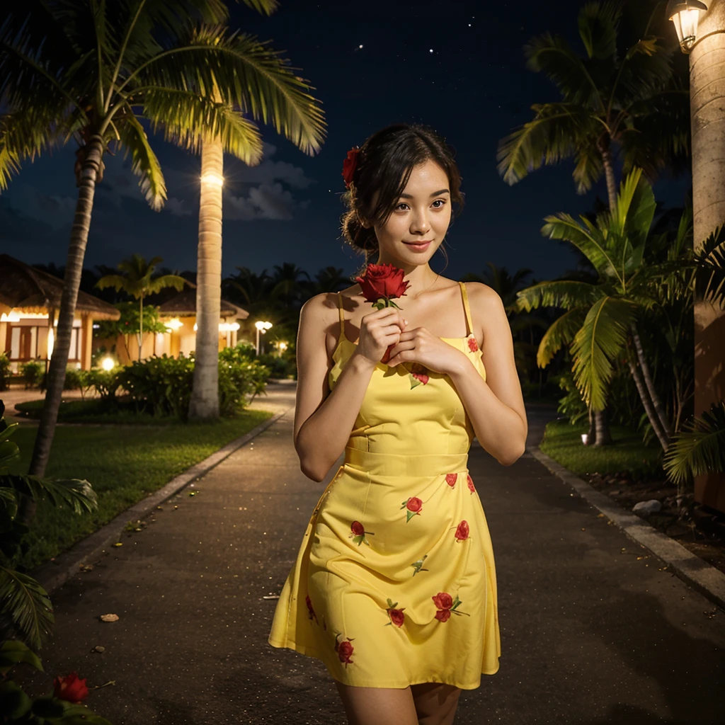Wearing a yellow dress、A woman enjoying vacation at a tropical resort at night。With a red rose in my hand。