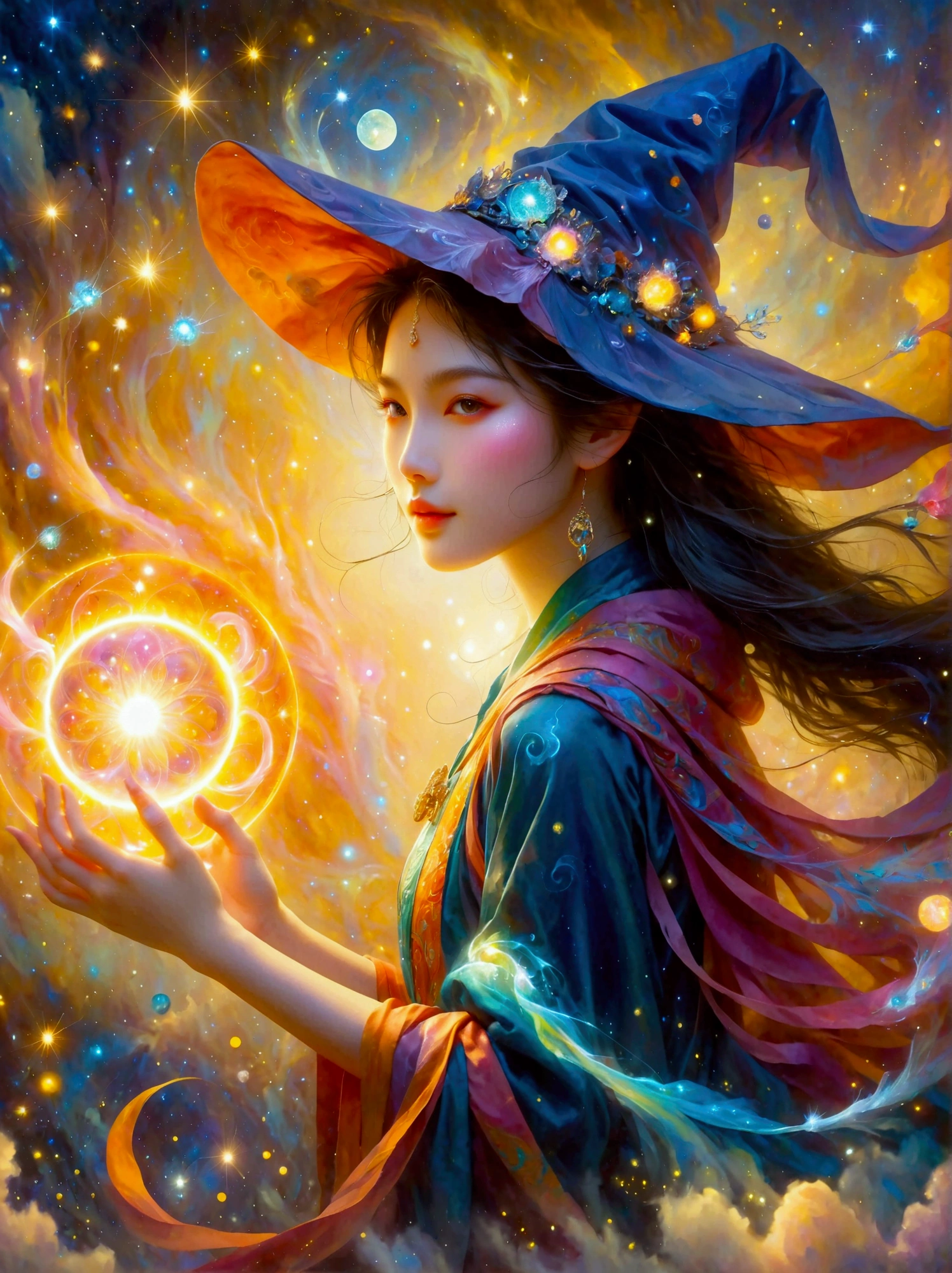 An imaginative scene depicting a youthful female sorceress of East Asian descent, named My, She is powerfully invoking magical spells with her eyes sparkling with arcane energy, Her enchantments are birthing a fresh, ethereal realm, The realm manifests as an intricate spectacle of galaxies, forests, mountains, oceans and cities, radiating with mystic colors. Her robe is flowing with the wind and symbols of enchantment are glowing on her staff's surface, The whole scene is imbued with a fantastical, otherworldly essence，(Both eyes look at you:1.5), ((Front view))，((front))，