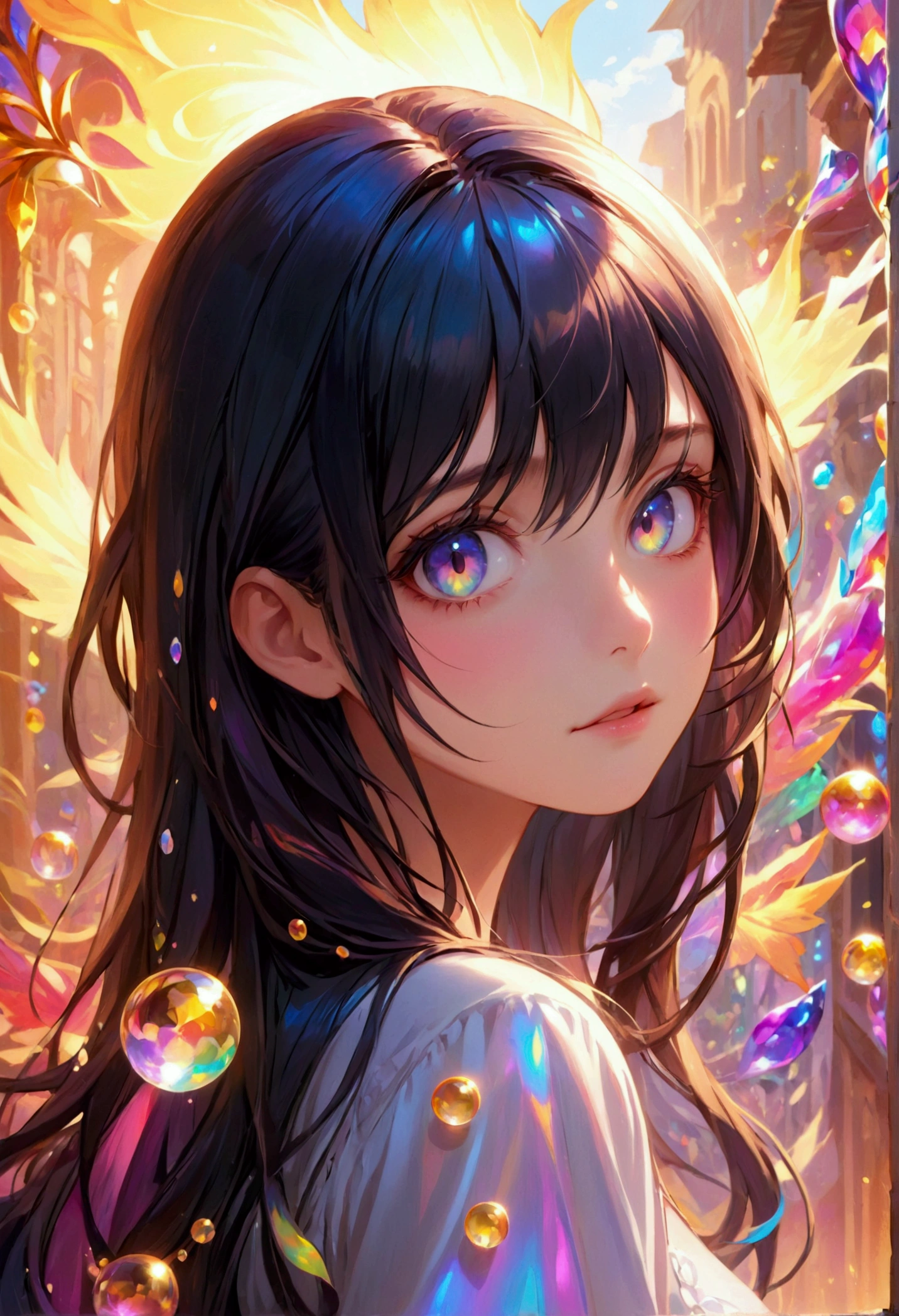 (masterpiece), best quality, expressive eyes, perfect face, Girl,long dark iridescent hair, iridescent eyes, small upper propotions and large lower propotion